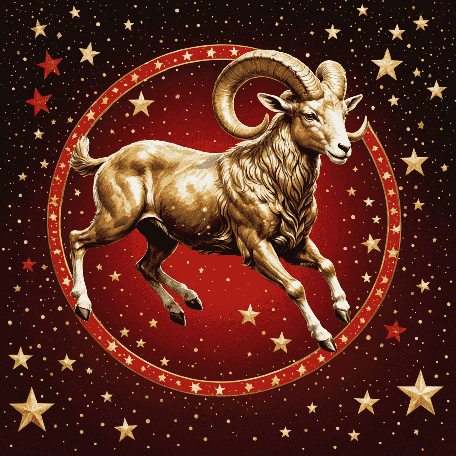 Ilustración de Aries: un carnero dorado saltando sobre un fondo de estrellas rojas